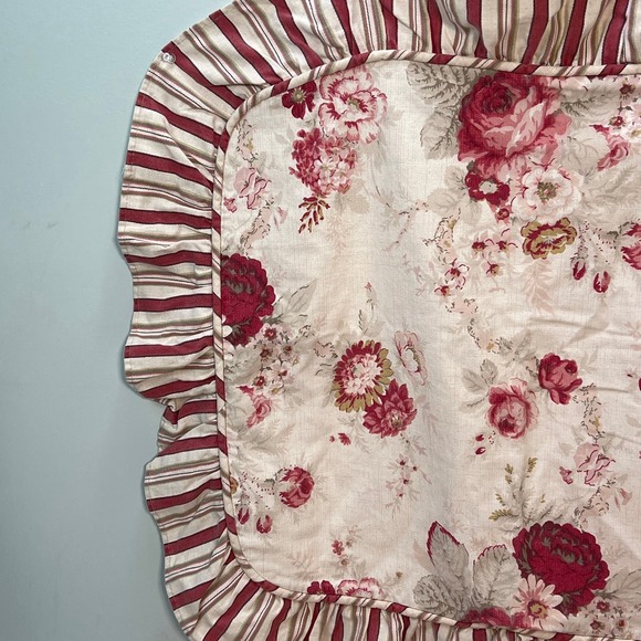 Waverly Garden Room Norfolk Rose Pillow Shams 2 Set Red Floral Stripe Ruffle - Picture 3 of 10